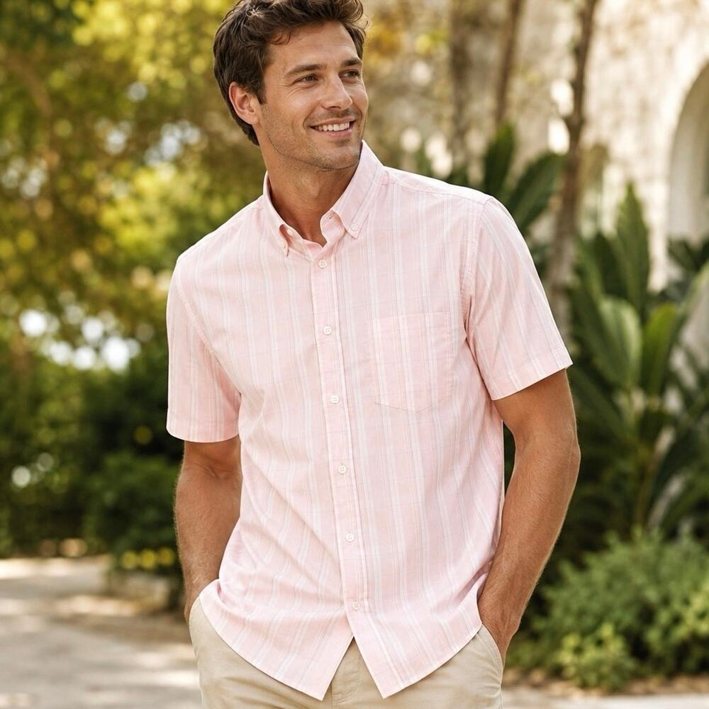 Mens Short Sleeve Pink Plaid Poplin Button Front Shirt Size Small 34/36 NWT Prep